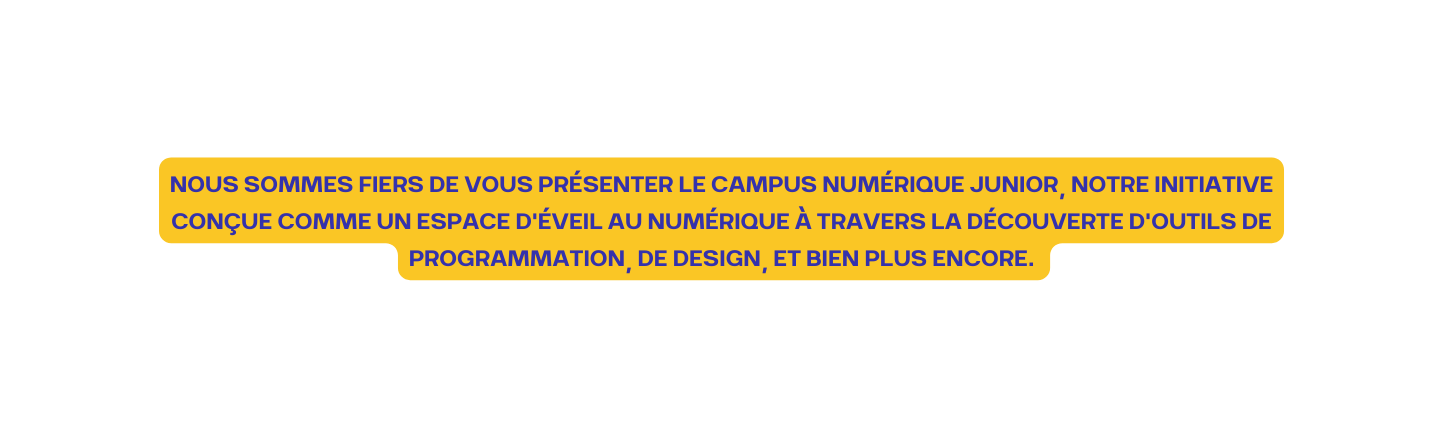 Nous sommes fiers de vous présenter le campus numérique junior notre initiative conçue comme un espace d éveil au numérique à travers la découverte d outils de programmation de design et bien plus encore